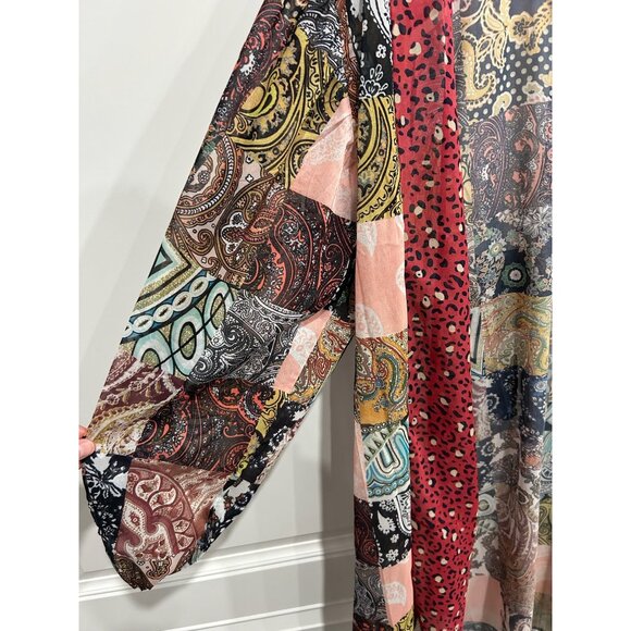 Umgee Womens Patchwork Sheer Open Front Kimono Cardigan With Leopard Print Trim - Picture 4 of 9